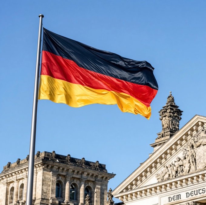 The German flag waves proudly against a clear blue sky, set against the historic backdrop of the Reichstag building, where the inscription "DEM DEUTSCH" (part of "Dem Deutschen Volke") is visible. This iconic scene underscores the article's news about Germany's proposed changes to its cryptocurrency tax exemption policy, set to take effect for assets acquired from 2027.
