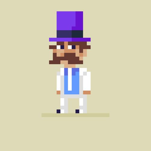 A pixel art character with a brown beard, blue tie, white shirt, and tall purple top hat stands on a beige background.