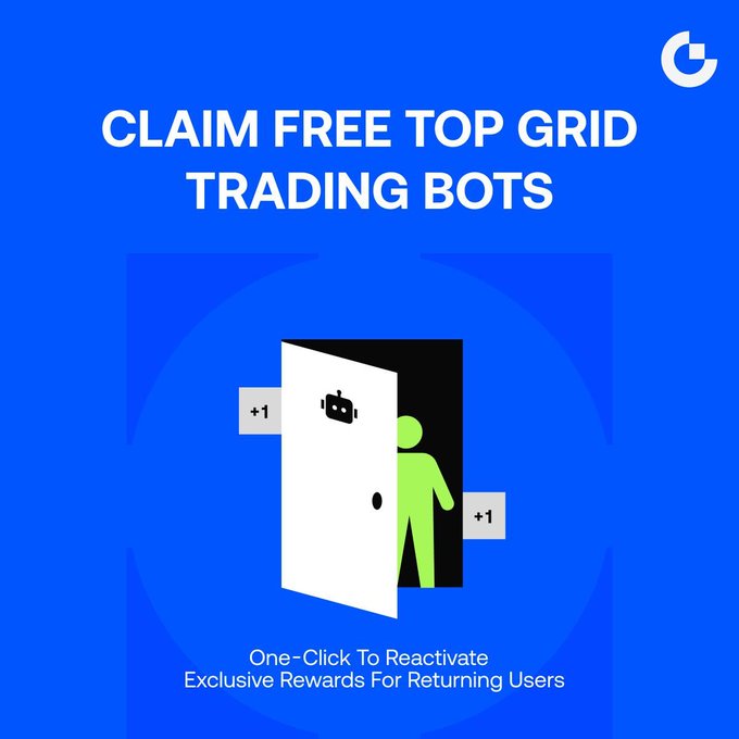 A blue promotional graphic from Gate.io with the headline "CLAIM FREE TOP GRID TRADING BOTS" and a central illustration of a green figure walking through a doorway marked with "+1" badges, visually reinforcing the post's offer of free Grid Bots, a 20 USDT trial fund, and tiered bonus rewards (up to +100 USDT) for returning users.