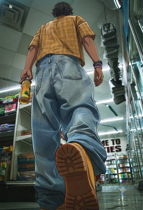 A low-angle digital illustration of a person in a yellow plaid shirt, baggy blue jeans, and Timberland-style boots walking through a store, holding a yellow bottle, with shelves of products visible in the background.