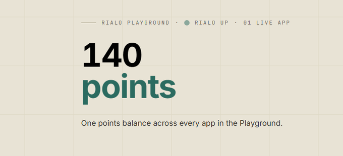 A promotional graphic for 'RIALD PLAYGROUND, RIALD UP, BI LIVE APP' advertising '140 points' described as 'One points balance across every app in the Playground.'