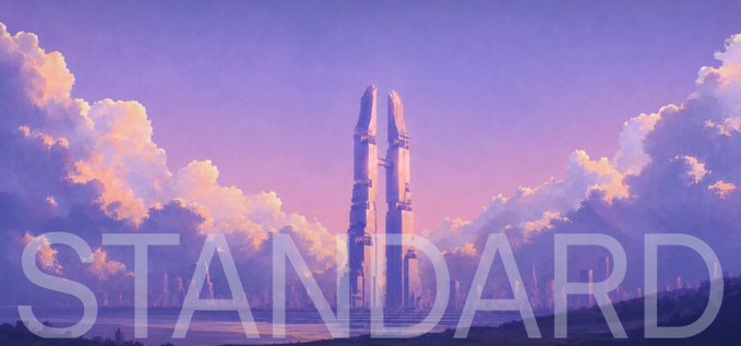 A towering futuristic spire pierces a dreamy pastel sky of pink and purple clouds, with the watermark "STANDARD" stretching across the scene, visually evoking the ambitious, monumental scope of @standard_rsv's vision to build an onchain monetary system rather than a typical NFT collection.