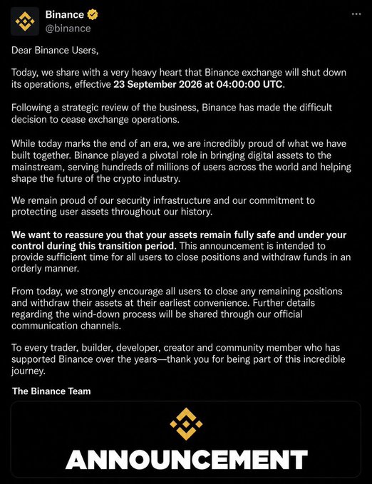 The image shows an official announcement from Binance (@binance) on social media declaring that the cryptocurrency exchange will shut down operations effective September 23, 2026 at 04:00:00 UTC, following a strategic business review, and urging users to close positions and withdraw funds. The announcement relates to the accompanying post, which expresses anticipation of Binance's closure with a joking tone ("Haha"), referencing the same shutdown date highlighted in the image's bolded text about user asset control during the transition.