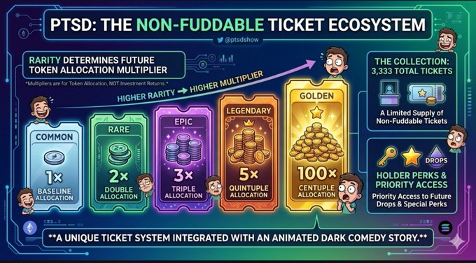 An infographic titled 'PTSD: THE NON-FUDDABLE TICKET ECOSYSTEM' showing ticket rarity tiers from Common (1x) to Golden (100x) for token allocation.