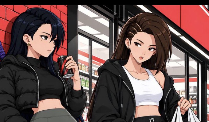 An anime-style illustration of two women in black hoodies standing inside a brightly lit convenience store with red accents, one holding a can.