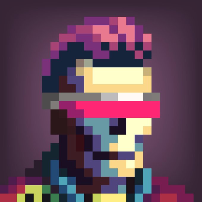 A pixel art portrait of a character wearing a purple and magenta beanie, yellow-tinted visor, and a face covering, set against a dark purple background.