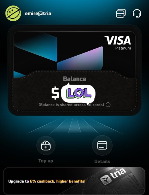 The image shows an app called "Emirite&Tria" that displays a Visa credit card payment system. The app has a blue background with white text, and there are two buttons labeled "Balance" and "LOL". The app also features a chatbot for customer support, which is currently inactive.