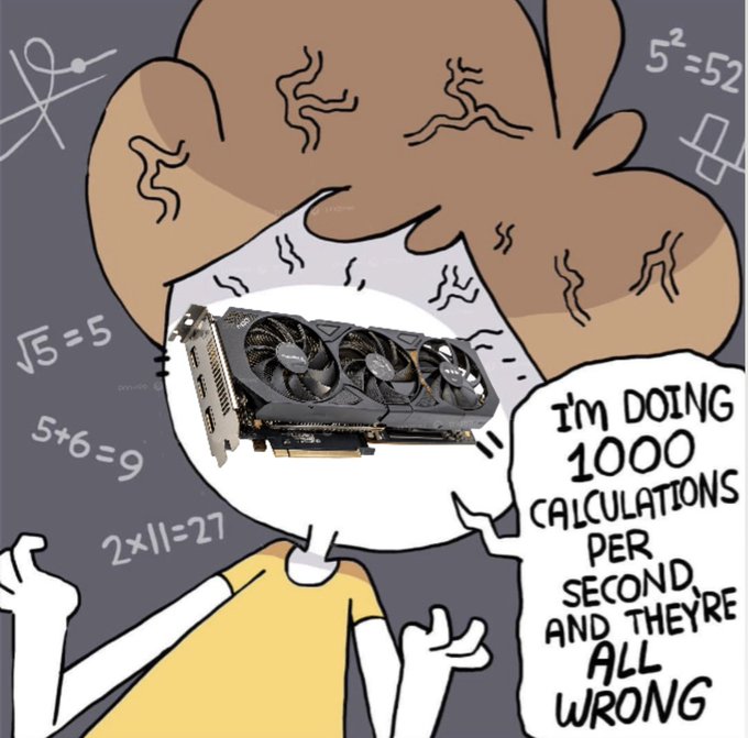 A cartoon figure with a graphics card for a head exclaims "I'M DOING 1000 CALCULATIONS PER SECOND AND THEY'RE ALL WRONG," surrounded by intentionally incorrect math like "√5=5," "5+6=9," and "2×11=27." The image humorously illustrates the post's message about raw computational speed being meaningless if the outputs aren't accurate—tying cost-per-task efficiency to the idea that brute-force GPU power without precision just "burns money."