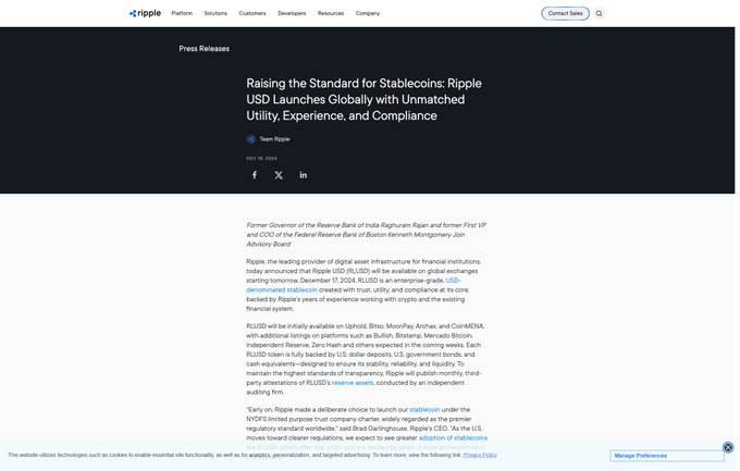 A press release from Ripple dated December 17, 2024 announces the global launch of Ripple USD (RLUSD), an enterprise-grade US dollar-denominated stablecoin created with trust, utility, and compliance at its core. The article supports the accompanying post by highlighting RLUSD's emphasis on regulatory compliance, noting that Independent Reserve—referenced in the text—has become an early partner exchange for the stablecoin's rollout.