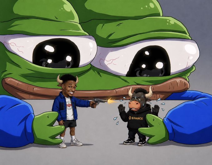 A cartoon depicts a large crying Pepe the Frog in the background with wide, watery eyes. In the foreground, a boy with horns in a blue jacket points a gun at a smaller, sweating boy wearing a 'BINANCE' hoodie.