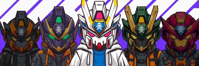Digital artwork featuring five stylized mecha/robot characters in colorful armor (orange, purple, white, green, and red) with skull emblems, set against a purple striped background.