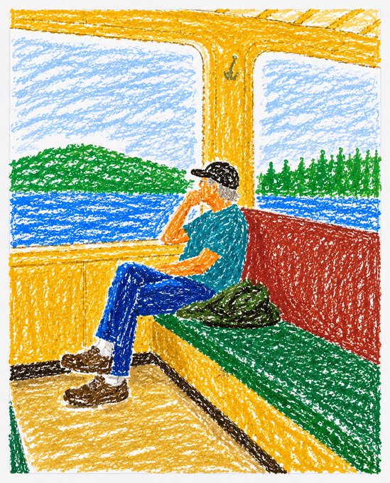A colored pencil drawing shows a man in a cap sitting on a train bench, looking out the window at water and a green shoreline.