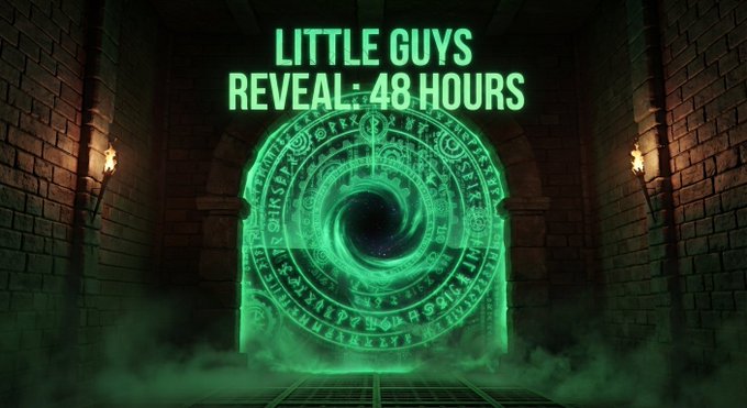 A green-glowing mystical portal with runic symbols in a dark stone chamber, with neon text above reading 'LITTLE GUYS REVEAL: 48 HOURS'.