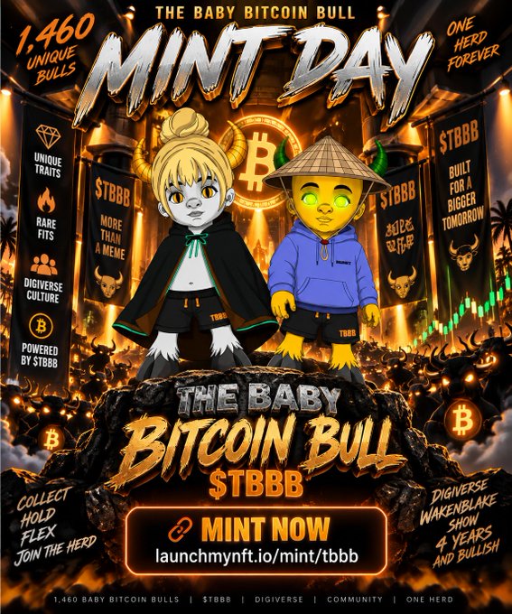A promotional poster for 'THE BABY BITCOIN BULL $TBBB' NFT Mint Day featuring cartoon characters, stating '1,460 UNIQUE BULLS', 'MINT NOW launchmynft.io/mint/tbbb', and 'ONE HERD FOREVER'.