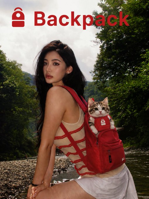 A young woman with long dark hair is looking over her shoulder, wearing a beige top and white shorts, carrying a red 'Backpack' with a tabby cat sitting inside it.