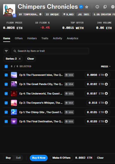NFT marketplace listing for 'Chimpers Chronicles' by TIMEPERSON showing 6 items from Series 2 with floor price 0.0026 ETH and 24H volume 0.06 ETH.