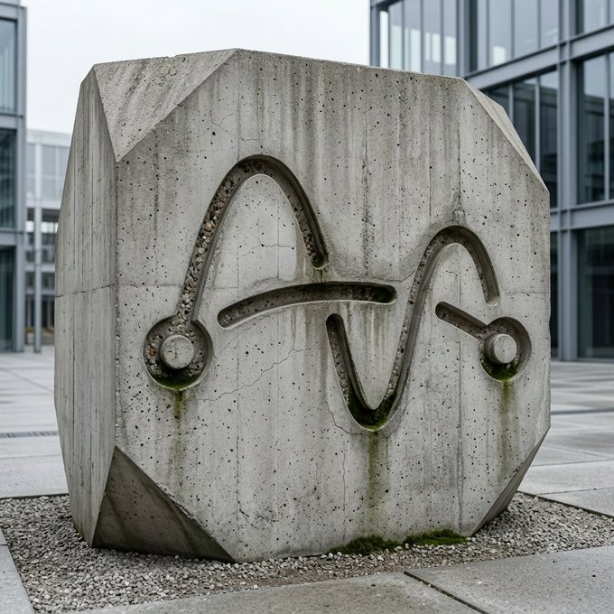 A large geometric concrete sculpture displaying the Atari logo, situated on a gravel bed in a plaza with modern glass buildings in the background.