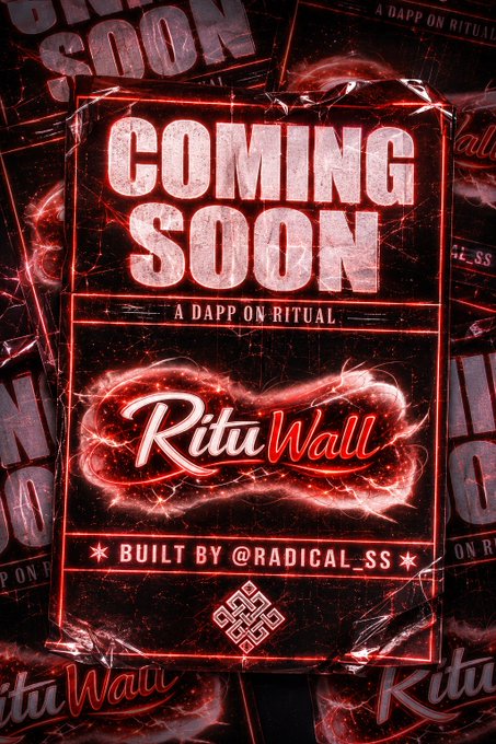 The image features a poster with a red background, white text, and neon lights that give it an electronic appearance. The poster has the words "RituWall" written on it along with other phrases such as "built by #Radicalss", "#KITU", and "some ideas". The poster is surrounded by various other posters in different colors and sizes, creating a visually appealing and diverse collection of artwork.