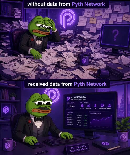 The image shows a cartoon frog sitting at a desk with a computer monitor displaying market data from the Pyth Network. The frog appears to be overwhelmed by the amount of information presented, as there are numerous pieces of paper scattered around the desk. The text in the image suggests that the frog is receiving data from the network and trying to make sense of it amidst the chaos.