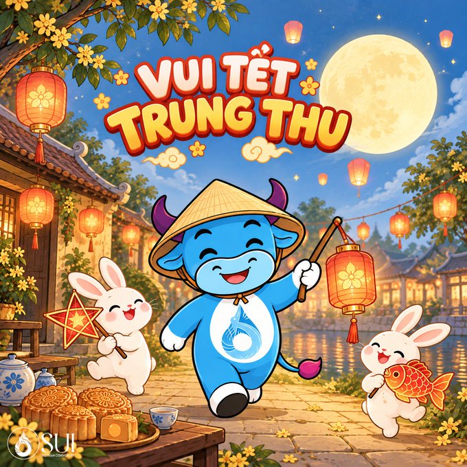 A colorful cartoon illustration celebrating the Mid-Autumn Festival with the text 'VUI TẾT TRUNG THU', featuring a blue character in a conical hat carrying a lantern alongside two rabbits holding a star and fish, set against a moonlit village scene with mooncakes.