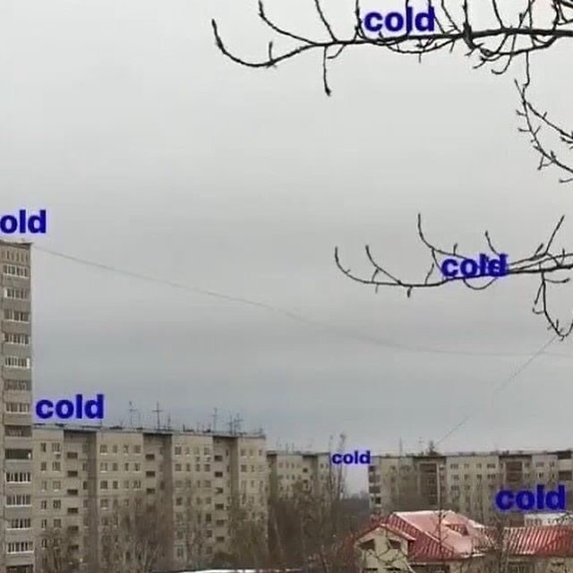 A gray, overcast urban landscape shows apartment buildings and bare tree branches under a cloudy sky, with the word "cold" repeated multiple times in blue text scattered across the image.
