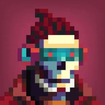 A pixel art portrait of a blue-skinned character with a red mohawk wearing glasses and a suit.