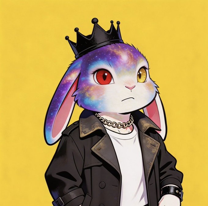 The image features a cartoon rabbit wearing a black jacket, hat, and necklace with a chain around its neck. The rabbit appears to be standing against a yellow background, giving off an artistic vibe. The caption of the image reads "Good morning Web3 legends DYK? In exclusivo.one you can list your NFTs from different chains- not just Solana Solana ... = way more options and reach No gatekeeping".