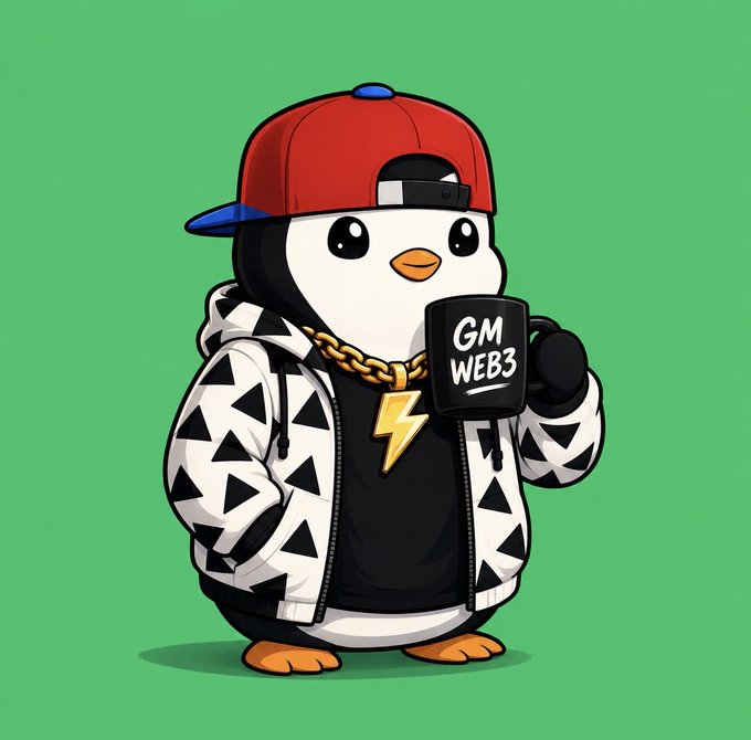 A cartoon penguin mascot wearing a red cap, gold chain, and patterned hoodie holding a cup labeled 'GM WEB3'.