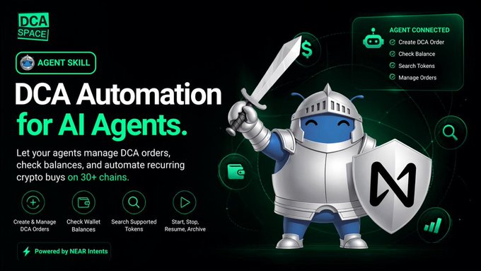Promotional graphic for 'DCA SPACE' featuring a knight mascot with sword and shield, advertising 'DCA Automation for AI Agents' powered by NEAR Intents, with capabilities listed: Create DCA Order, Check Balance, Search Tokens, and Manage Orders across 30+ chains.