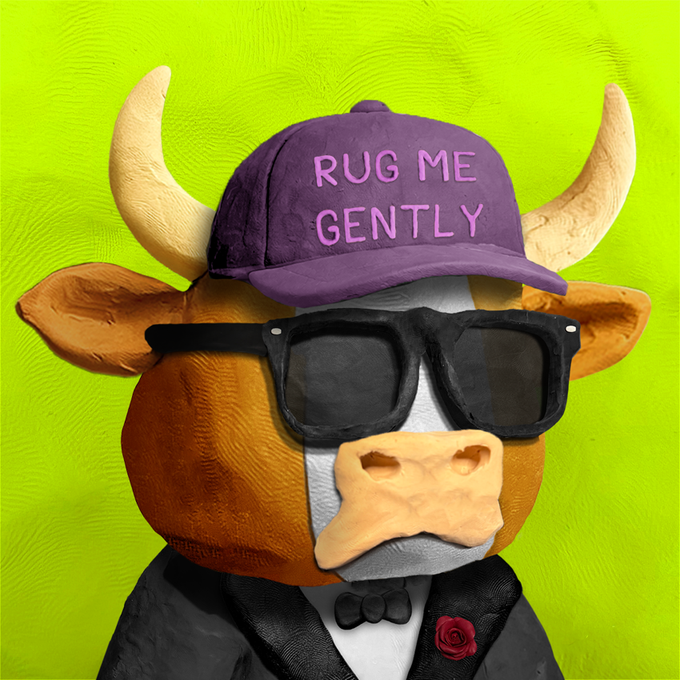 3D-rendered cow character wearing a purple cap with pink text reading 'RUG ME GENTLY', black sunglasses, a black suit, and a bowtie with a red rose.