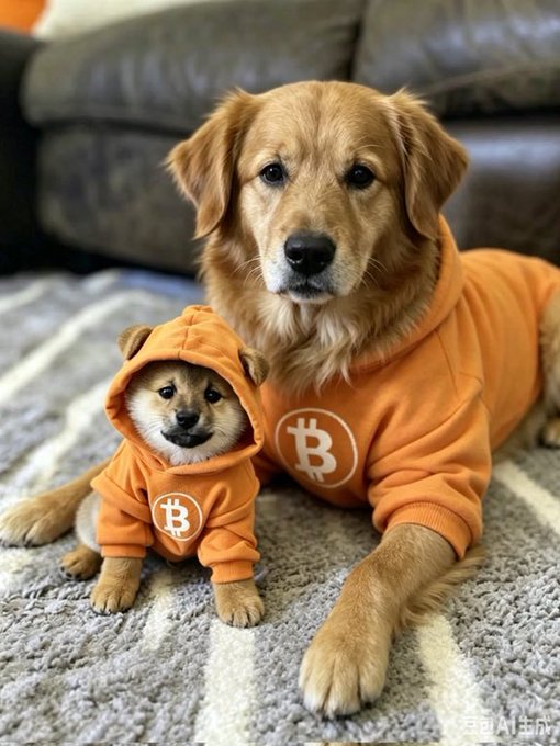 A golden retriever and a Shiba Inu puppy pose together on a gray rug wearing matching orange Bitcoin-themed hoodies with the ₿ logo.