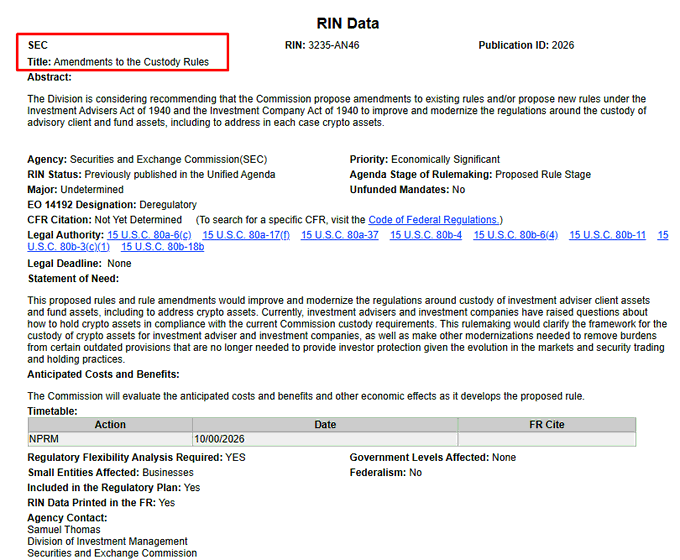 The image shows an SEC Regulatory Information Number (RIN) data sheet for Publication ID 2026, titled "Amendments to the Custody Rules" (RIN: 3235-AN46), proposing rule amendments to modernize custody regulations for investment adviser client assets under the Investment Advisers Act of 1940, including crypto assets. The document supports the accompanying post by confirming that the SEC has advanced its proposed crypto custody rules to the Proposed Rule Stage (NPRM scheduled for 10/00/2026), reflecting its submission for White House review.