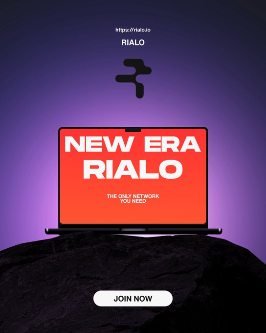 A promotional graphic for RIALO displaying a laptop with an orange screen reading "NEW ERA RIALO - THE ONLY NETWORK YOU NEED" above a "JOIN NOW" button.