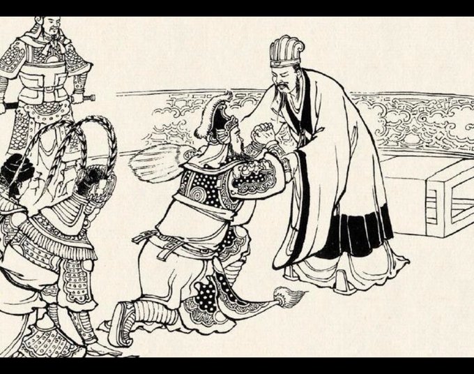 A black-and-white traditional Chinese line drawing depicting an armored warrior kneeling before a robed official, with another armored figure standing behind.