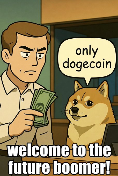 The image features a man holding money, with a dog sitting next to him. A speech bubble above them reads "Only Dogecoin", indicating that they are discussing or promoting the use of Dogecoin as a form of currency. The caption at the bottom of the image states "Welcome to the future boomer!", suggesting an optimistic view on the potential impact of Dogecoin in the future.