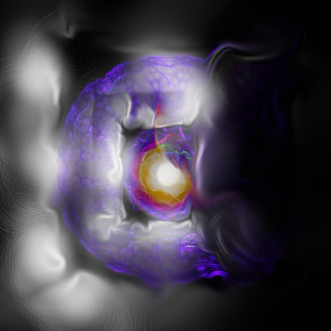 An abstract digital artwork featuring a glowing orange and white orb surrounded by swirling purple and white smoky textures on a black background.