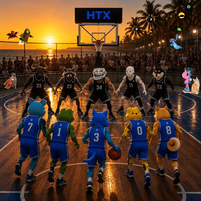 A surreal sunset basketball showdown pits a team of cartoon mascots—including a bear (#7), frog (#1), cat (#3), cheetah (#0), and Shiba (#8) in blue jerseys—against a row of troll-faced opponents in black jerseys (#33, 23, 34, 11, 22) beneath an "HTX" scoreboard, while a packed crowd and palm trees frame the court, visualizing the "HTX Most Valuable Community" MVP contest.