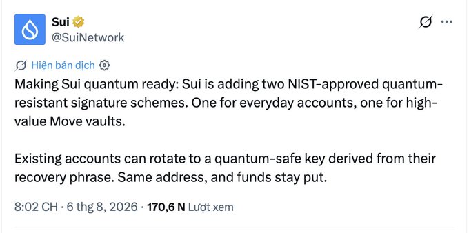 A tweet from the official Sui account (@SuiNetwork) announcing that Sui is becoming quantum-ready by adding two NIST-approved quantum-resistant signature schemes, and that existing accounts can rotate to a quantum-safe key derived from their recovery phrase.