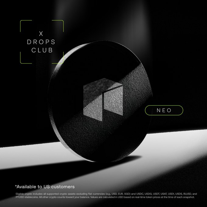 The image features a black and white circle with a logo, which appears to be a combination of a cube and a triangle. The text "drops club" is written above the logo, indicating that this could be an advertisement for a cryptocurrency or digital currency exchange platform. The text below the logo reads "Both $NEO and $GAS are available on OKX US." This suggests that the platform supports both Bitcoin and another cryptocurrency called Gnosis.