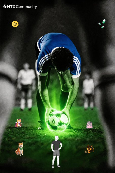 An HTX Community promotional graphic featuring a soccer player bending over a glowing green ball, surrounded by cartoon mascots and a sun icon.