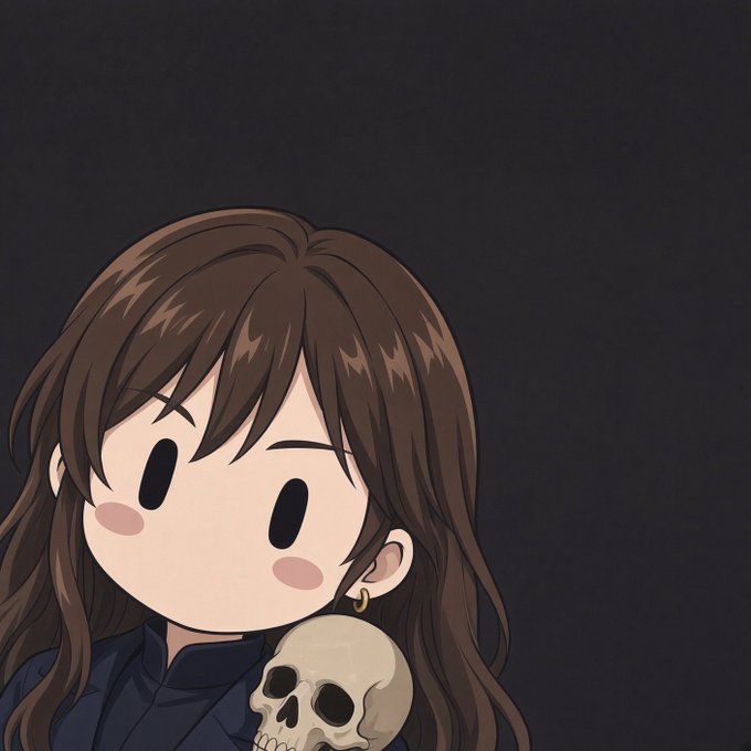 A chibi-style cartoon character with long brown hair and a small skull accessory on her shoulder poses against a dark background, complementing the playful "Gmeow" caption through its cute, anime-inspired aesthetic.