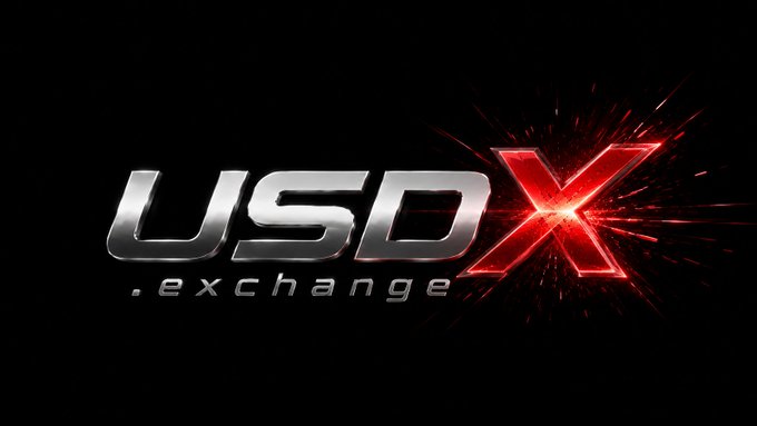 The image displays the logo for "USDX.exchange," featuring stylized silver "USD" lettering alongside a glowing red "X" with dynamic light burst effects against a black background. This visual aligns with the post's discussion about the USDX exchange domain and its potential role in integrating X Money with cryptocurrencies like XNO.
