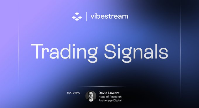 The image is a promotional graphic for "Vibestream" with the title "Trading Signals" in large white text on a blue gradient background. It features David Lawant, Head of Research at Anchorage Digital, indicating the episode's focus on institutional-grade crypto market insights airing Wednesdays at 12pm ET.