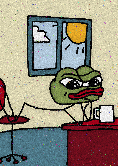 A crude digital drawing of a sad-looking Pepe the Frog sitting at a desk with a coffee mug, next to a red office chair and a window.