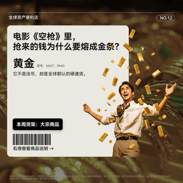 Chinese promotional graphic titled '全球资产便利店 NO.12' discussing the movie 'Rififi' and gold bars, featuring a man in suspenders with gold bars raining down.