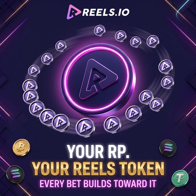 Promotional graphic for REELS.IO featuring a glowing purple 'R' logo surrounded by token icons, with text reading 'YOUR RP. YOUR REELS TOKEN EVERY BET BUILDS TOWARD IT' alongside Bitcoin, Solana, and Tether logos.