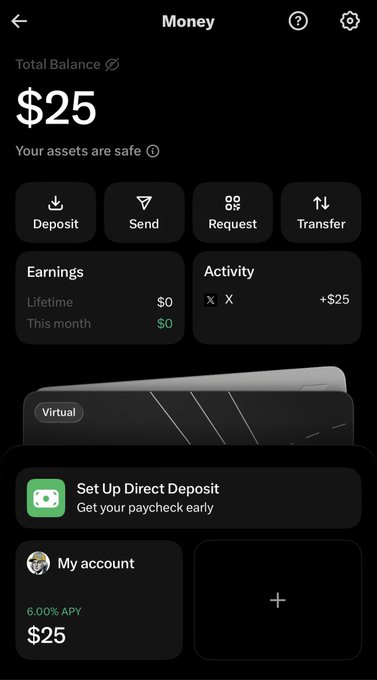 A mobile banking app screenshot titled 'Money' shows a Total Balance of $25, with options for Deposit, Send, Request, and Transfer, plus sections for Earnings, Activity, and a 'Set Up Direct Deposit' feature.