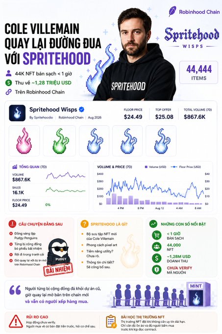 A Robinhood Chain infographic about the Spritehood Wips NFT collection by Cole Villemain, featuring 44,444 items, floor price of $24.49, top offer of $25.08, and total volume of $867.6K.