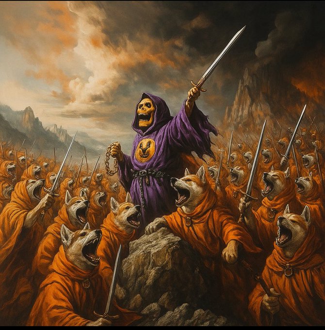 A skeletal figure in a purple robe wields a sword and a medallion bearing an eagle emblem, rallying an army of sword-wielding Shiba Inu dogs in orange robes amid a dramatic, smoky landscape. The image serves as a vivid, militaristic mascot for the "$DOG Army," portraying the crypto community as an unstoppable, fearsome force heading into Friday the 17th.