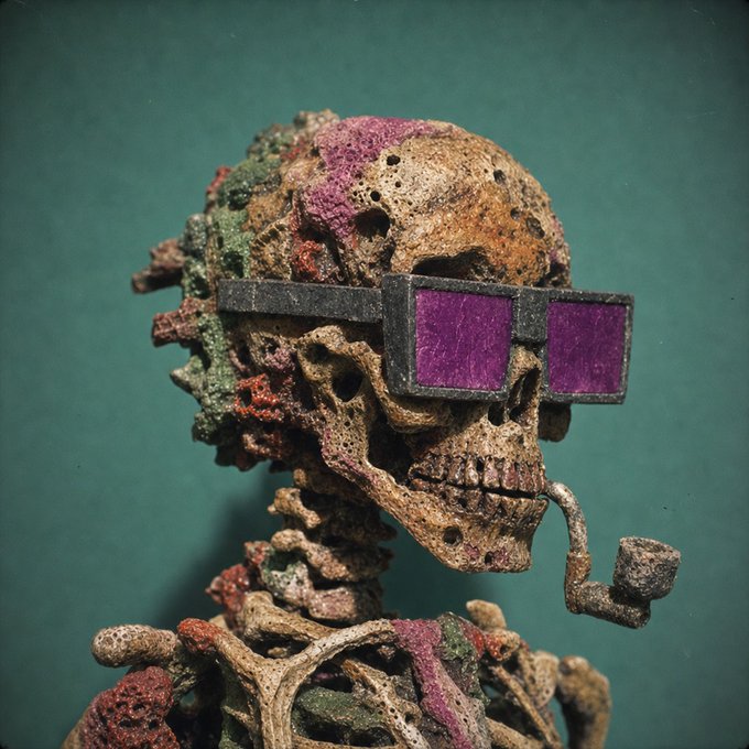 A textured skeleton figure with colorful growths wearing black sunglasses with purple lenses and smoking a pipe against a green background.